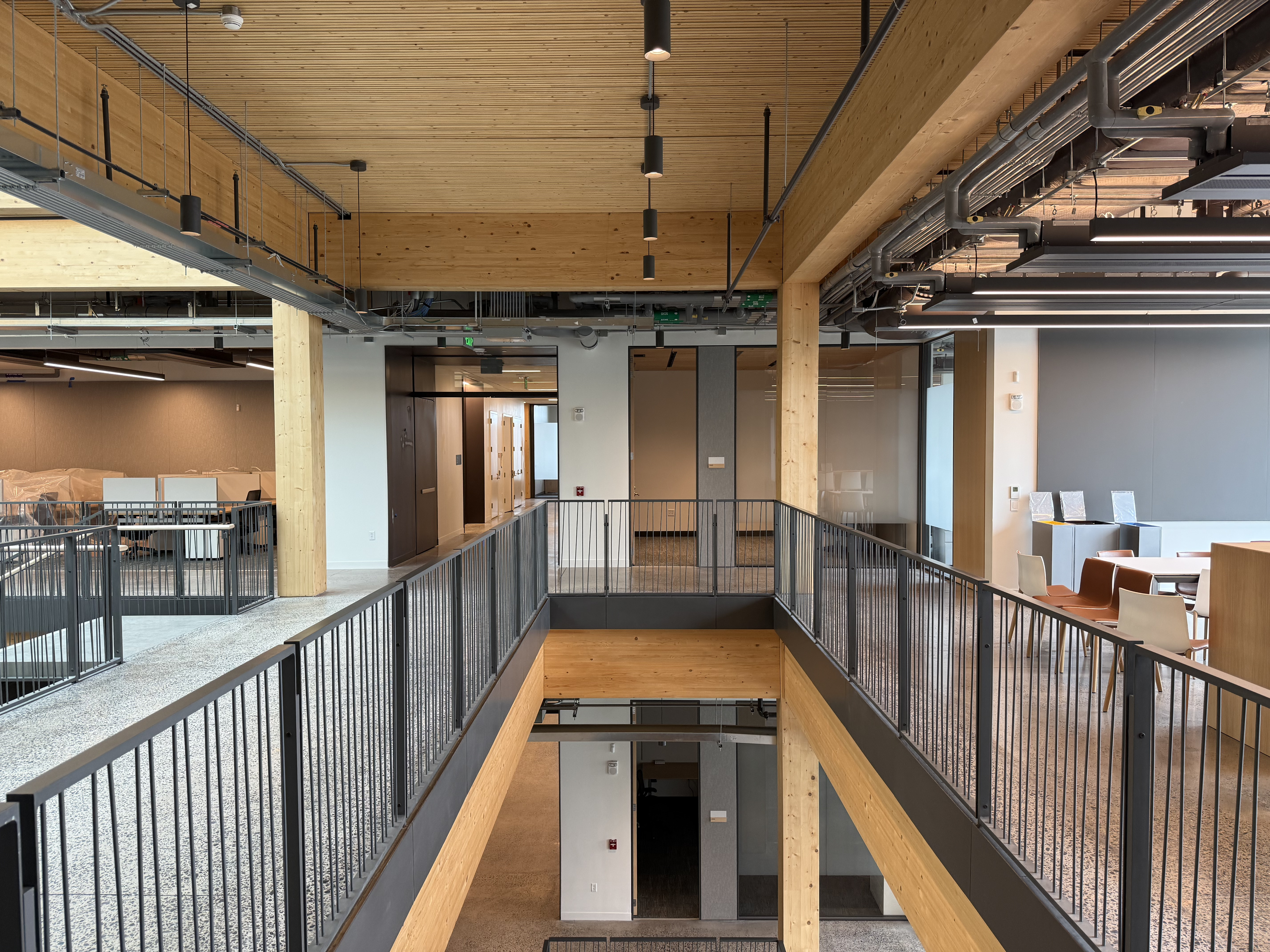 Mass timber interior with exposed CLT ceiling and glulam beams